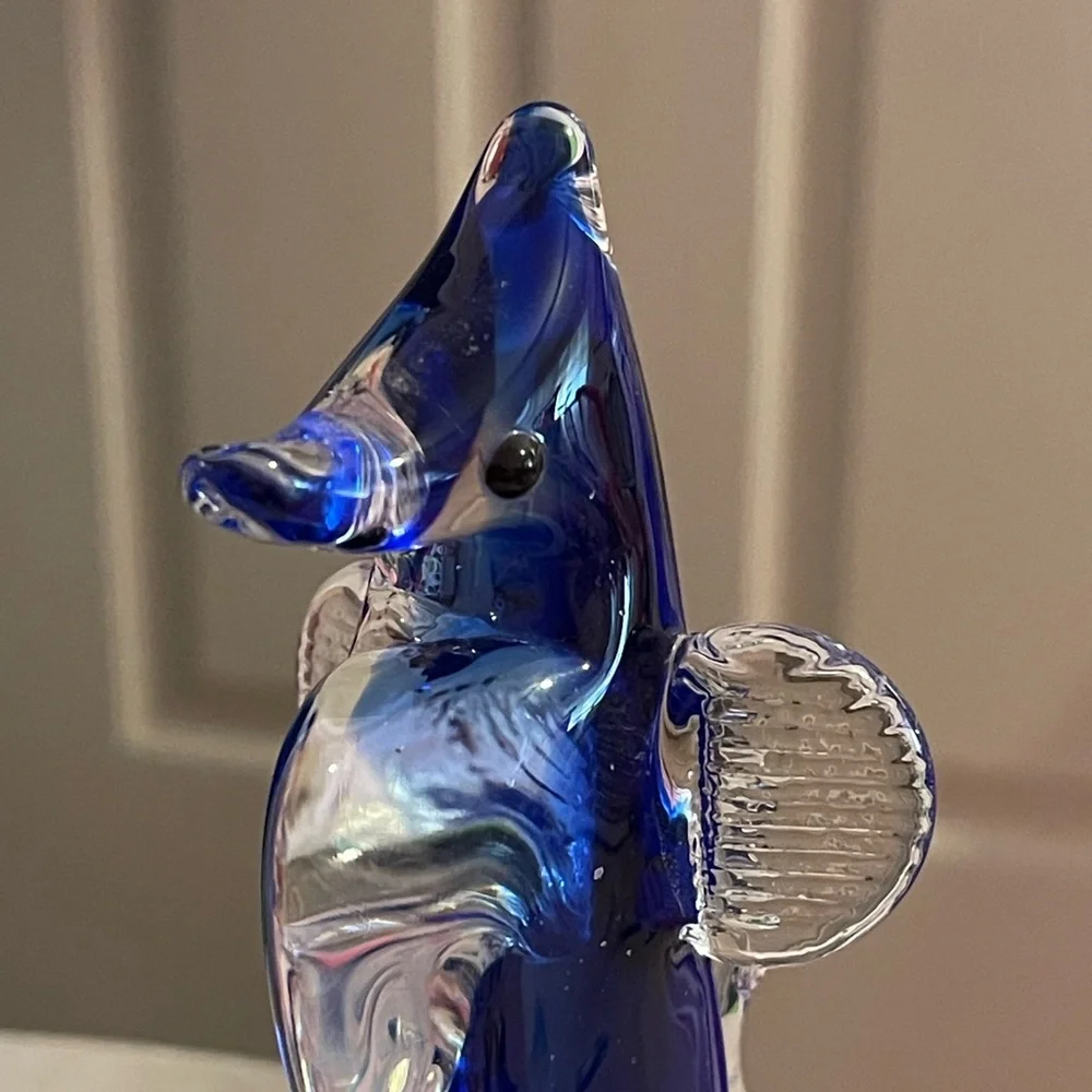 Blue Art Glass Seahorse Figurine or Paperweight Cobalt/Clear Blown Glass
